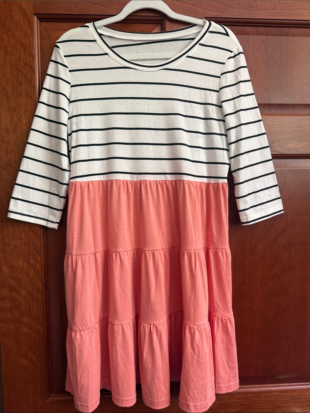 Women’s Coral Tiered Dress with Black & White Striped Top